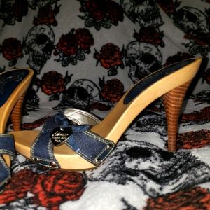 GUESS wood and denim sandles/heels Sz 8